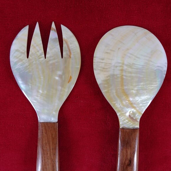 Salad Server Fork Spoon Tongs Natural Iridescent Capiz Mother of Pearl Seashell - Picture 10 of 11